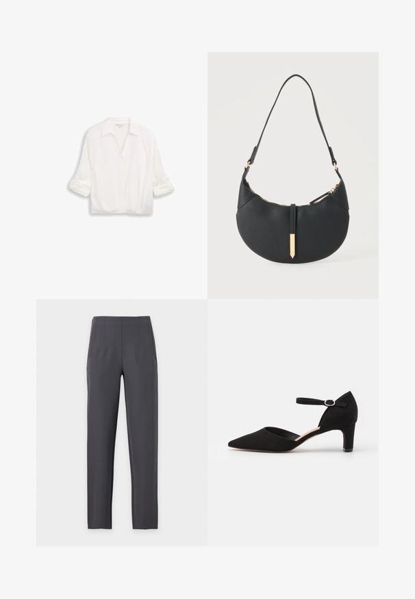 Blouse blanche à manches longues avec col, boutons sur le devant et manches retroussées, présentée sur un fond uni.; Pantalon droit gris foncé avec taille haute et plis subtils à l'avant, présenté sur un fond clair uni.; Pompe en suède noir avec un bout pointu, une bride de cheville avec une boucle circulaire et un petit talon carré. Texture lisse et design minimaliste.; Sac à main noir en forme de croissant avec une bandoulière unique, une fermeture éclair dorée et une languette décorative rectangulaire dorée à l'avant.
