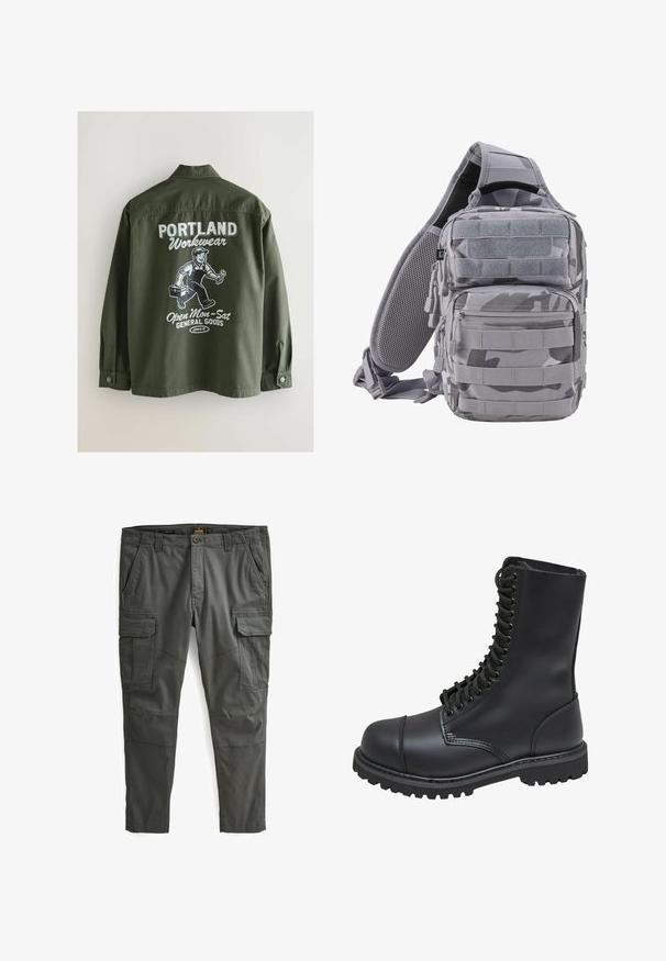Olivgrüne Arbeitsjacke mit einem geknöpften Kragen, auf der Rückseite befindet sich eine weiße Grafik mit einer Person, einem Werkzeugkasten und Text in fetter Schrift.; Cargo-Hosen in dunkelgrün, Slim Fit; verfügen über mehrere Seitentaschen, gestickte Details und eine glatte, strapazierfähige Stofftextur.; Schwarze Lederkampfstiefel mit hohem Schaft, Schnürung an der Vorderseite, gepolstertem Kragen und rutschfester, strukturierter Sohle für guten Halt. Mit verstärkter Zehenkappe.; Brandit US COOPER EVERYDAYCARRY-SLING - Umhängetasche - blizzard camo