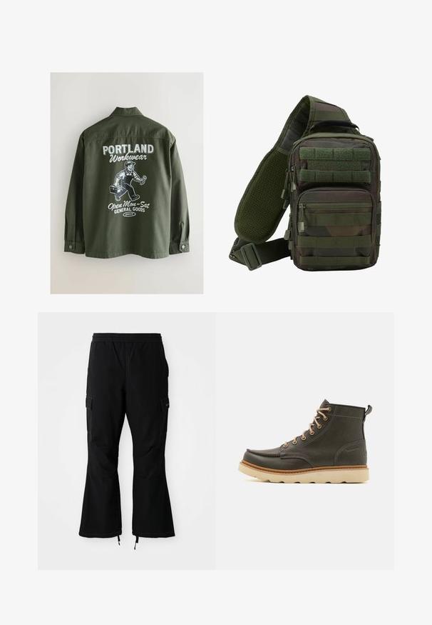 Veste de travail vert olive avec un col boutonné, présentant un graphisme blanc au dos d'une personne, une boîte à outils et un texte en gras.; Pantalon cargo noir avec une taille élastique, doté de poches latérales et de jambes évasées avec des zips aux poignets, présenté sur un fond blanc.; Bottines en cuir vert foncé avec lacets beige, col rembourré et semelle en caoutchouc texturé. Présente un marquage imperméable et des détails de couture.; Sac à dos en bandoulière camouflage vert avec plusieurs poches zippées, une sangle réglable et un panneau arrière en mesh pour la ventilation.