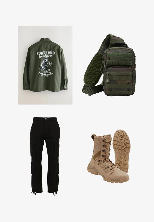 Chaqueta de trabajo verde oliva con cuello abotonado, que presenta un gráfico blanco en la parte posterior de una persona, una caja de herramientas y texto en fuente negrita.; Pantalones cargo negros de algodón, con múltiples bolsillos laterales, cierre de botón y bajos ajustables con cordones.; Bota táctica color beige con diseño de cordones hasta la altura del tobillo y suela de goma resistente, una bota en posición vertical y la otra mostrando el patrón de la suela.; Mochila tipo bandolera en camuflaje verde con múltiples bolsillos con cremallera, una correa ajustable y un panel trasero de malla para ventilación.