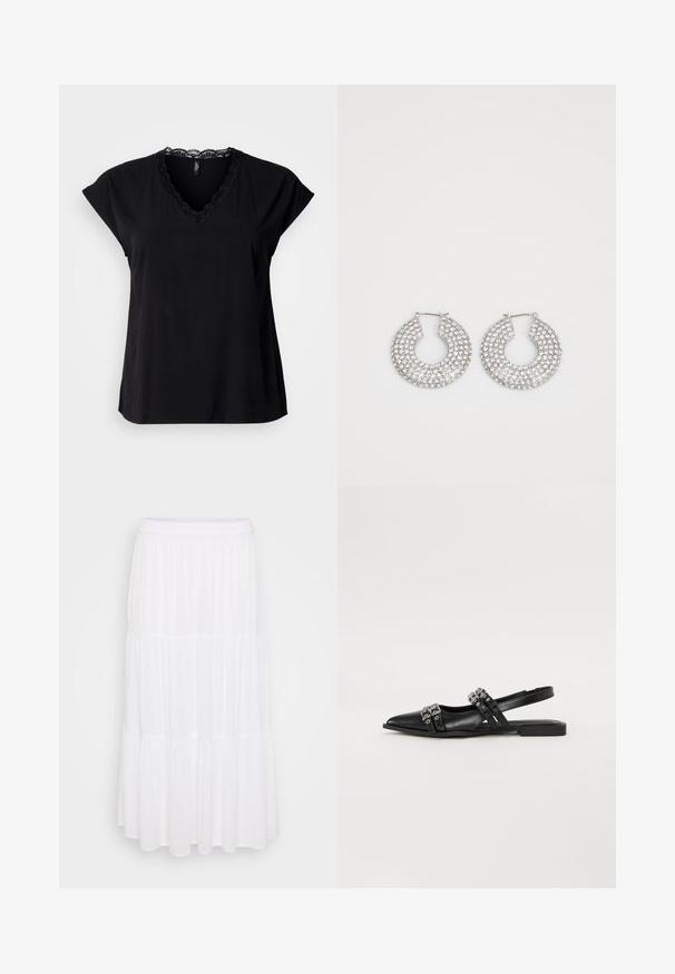 Camiseta negra de manga corta con cuello en V, confeccionada con tela suave y con un borde de encaje en el escote. Diseño sencillo con un ajuste relajado.; Falda maxi blanca en capas, hecha de tela ligera, con una cinturilla elástica y una textura fluida con sutiles detalles de fruncido.; Even&Odd by Zalando Bailarinas con tira trasera - black; Aros de plata en forma de aro adornados con múltiples embellishments de cristal transparente, con una superficie texturizada y un diseño circular abierto.