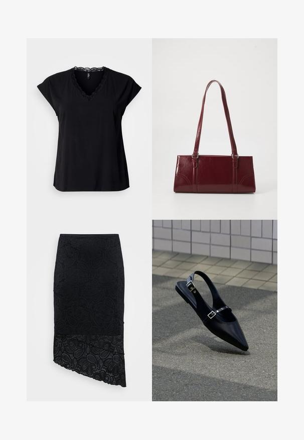 Schwarzes Kurzarm-V-Shirt aus weichem Stoff, mit Spitzenbesatz entlang des Ausschnitts. Einfaches Design mit lockerem Schnitt.; Schwarzer Rock mit strukturiertem Paisleymuster, asymmetrischem Saum und Spitzeneinsatz am unteren Rand. Hergestellt aus einem weichen, dehnbaren Stoff.; Schwarzer Slingback-Flachschuh mit spitz zulaufender Spitze und doppelten Schnallenriemen, ruhend auf grauem Asphalt nahe einer gefliesten Wand.; Burgunderfarbene Handtasche aus glänzendem Material, rechteckige Form, mit zwei Schulterriemen und subtilen, geschwungenen Akzenten an der Vorderseite.
