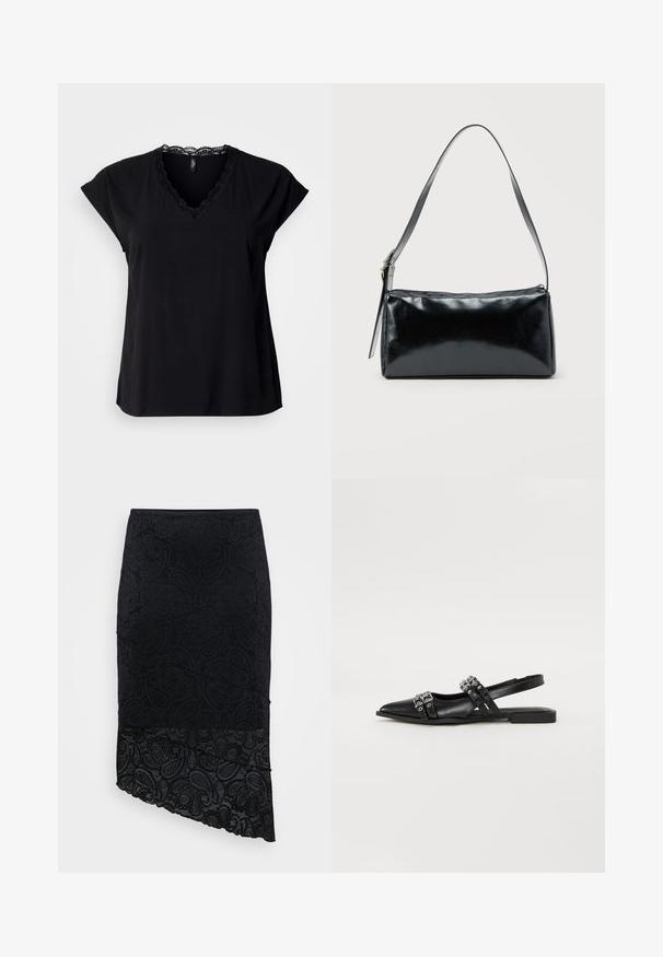 Schwarzes Kurzarm-V-Shirt aus weichem Stoff, mit Spitzenbesatz entlang des Ausschnitts. Einfaches Design mit lockerem Schnitt.; Schwarzer Rock mit strukturiertem Paisleymuster, asymmetrischem Saum und Spitzeneinsatz am unteren Rand. Hergestellt aus einem weichen, dehnbaren Stoff.; Even&Odd by Zalando Sling-Ballerina - black; Schwarze rechteckige Schultertasche mit einem verstellbaren Riemen und einem oberen Reißverschluss vor einfachem Hintergrund.