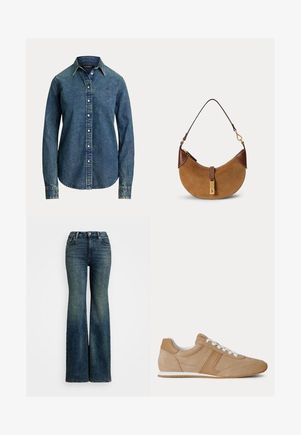 Lauren Ralph Lauren Classic Fit Denim Shirt - Overhemdblouse - haze wash; Flared blauwe denim jeans met een hoge taille, voorzien van vijf zakken en stiksels als accent. De stof heeft een klassieke vervaagde textuur.; Lichtbruine suède en leren lage sneaker met witte veters en een witte rubberen zool, zijaanzicht op een witte achtergrond.; Bruine suède halve maan handtas met donkerbruine lederen accenten, goudkleurige hardware en een korte schouderriem.