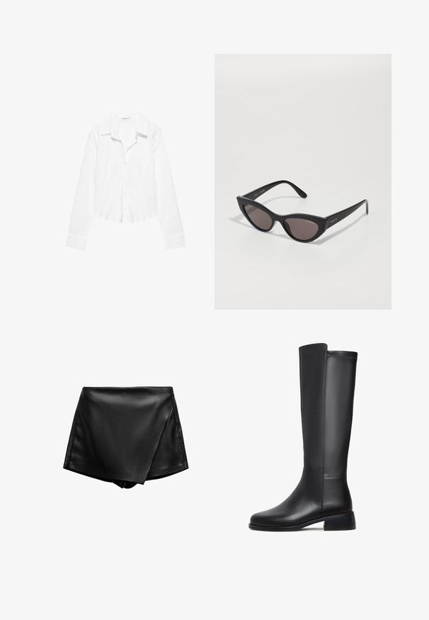 Hvid skjorte med lange ærmer, krave, let figursyet talje og manchetter med knapper, vist på en hvid baggrund.; Sorte faux læder shorts med høj talje, der har et indviklet design og en glat tekstur. Har rene linjer og ingen synlige lukninger.; Sorte læderknæhøje støvler med en glat tekstur, rund tå, lav blokhæl og diskret syning langs siden.; Cat-eye solbriller med en mat sort ramme og mørke linser, der har "vogue" branding på siden og en karakteristisk vinklet form.