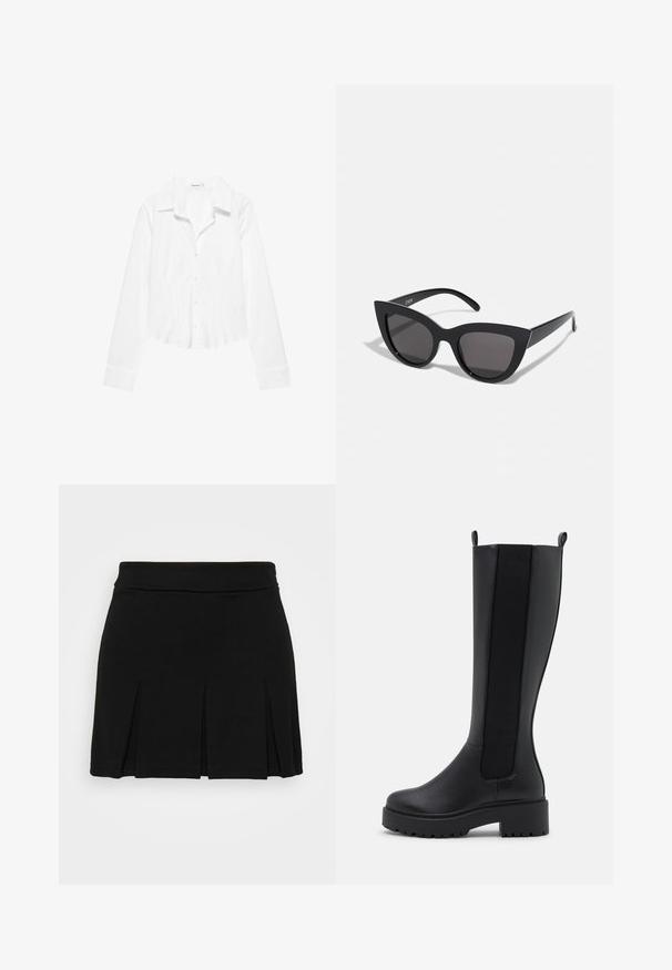Hvid skjorte med lange ærmer, krave, let figursyet talje og manchetter med knapper, vist på en hvid baggrund.; Even&Odd by Zalando Mini skirts - black; Sorte knæhøje støvler med en glat læderoverflade, elastiske sidepaneler og en kraftig struktureret sål for godt greb.; Sorte cat-eye solbriller med mat finish, der har grå tonede linser, skarpe vinkler og slanke sidearme. Mærkenavnet er synligt på den indre arm.
