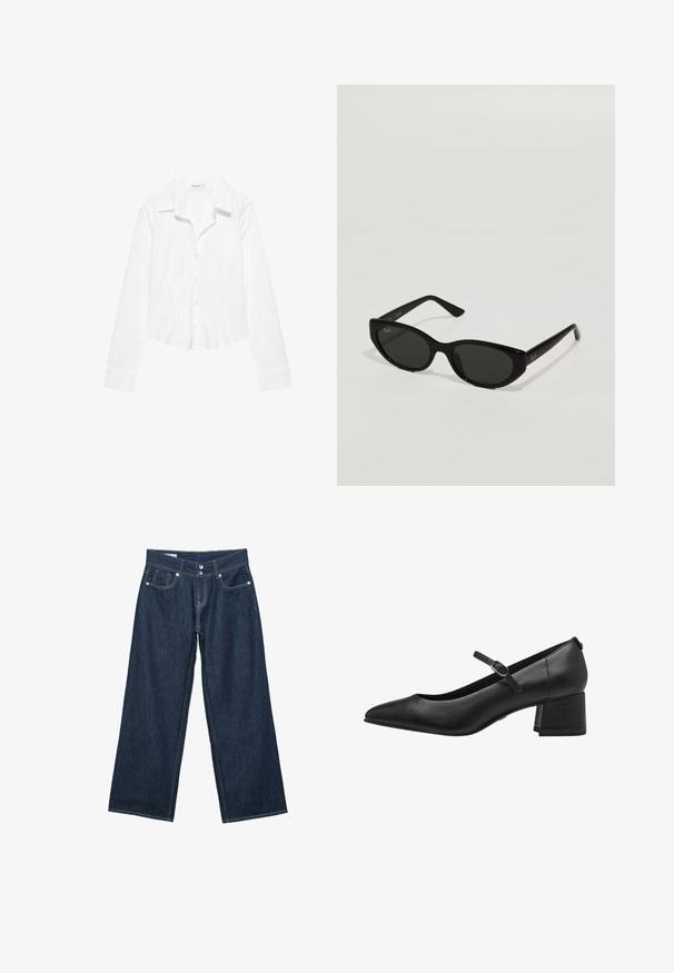 Hvid skjorte med lange ærmer, krave, let figursyet talje og manchetter med knapper, vist på en hvid baggrund.; Mørkeblå vidde jeans i denim med dobbelt knaplukning, forlommer og kontrastsyning på hvid baggrund.; Sorte læder lavhælede pumps med spidse tæer, ankelrem og struktureret finish. Simpelt design med en robust blokhæl.; Sorte solbriller med en smal, katteøjeform. Fremstillet af glat plast, med mørke linser og diskrete logo accenter på stængerne.