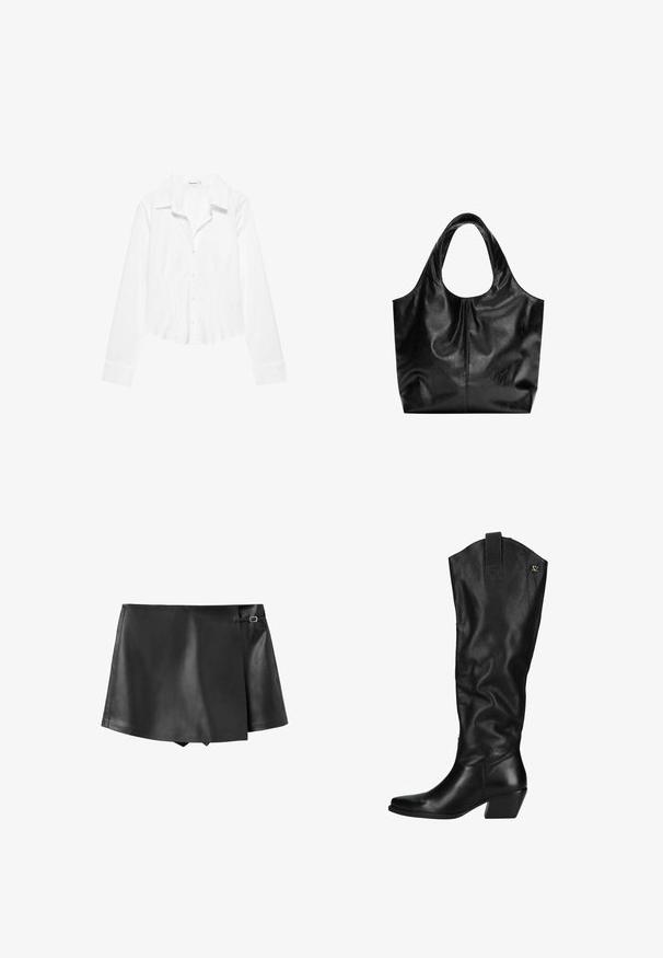 Hvid skjorte med lange ærmer, krave, let figursyet talje og manchetter med knapper, vist på en hvid baggrund.; Sort mininederdel i kunstlæder med overlappende frontklap og lille sidebæltespænde.; Sorte læderknæhøje støvler med en let struktureret overflade. Har en spids tå, en blokhæl og et logo-accent øverst.; Sort læder tote taske med en glat overflade, en blød, afrundet top og brede håndtag. Har minimal syning og en afslappet silhuet.
