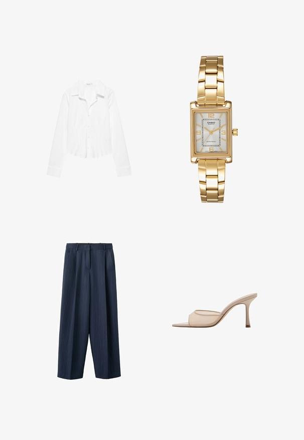 Chemise blanche à manches longues avec col, taille légèrement cintrée et poignets boutonnés, présentée sur fond blanc.; Pantalon large à rayures fines bleu marine avec passants pour ceinture et poches latérales, confectionné avec un pli sur le devant et une fermeture éclair.; Sandale à talon ouverte nude avec un panneau supérieur transparent et un talon fin, présentant une texture lisse et un design minimaliste.; Montre-bracelet rectangulaire dorée avec un cadran blanc, des index horaires argentés et un bracelet en métal durable. Fonction étanche incluse.