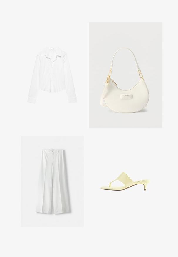 Chemise blanche à manches longues avec col, taille légèrement cintrée et poignets boutonnés, présentée sur fond blanc.; Pantalons amples blancs avec une taille haute, un pli central et une fermeture à bouton classique. Fabriqués dans un tissu lisse avec un design ajusté.; Sandale à talon jaune clair avec bride entre les orteils et petit talon kitten, vue de profil sur fond blanc.; Sac d'épaule blanc en forme de croissant avec des pièces métalliques dorées, fermeture éclair, et logo "LACOSTE" sur le panneau avant.