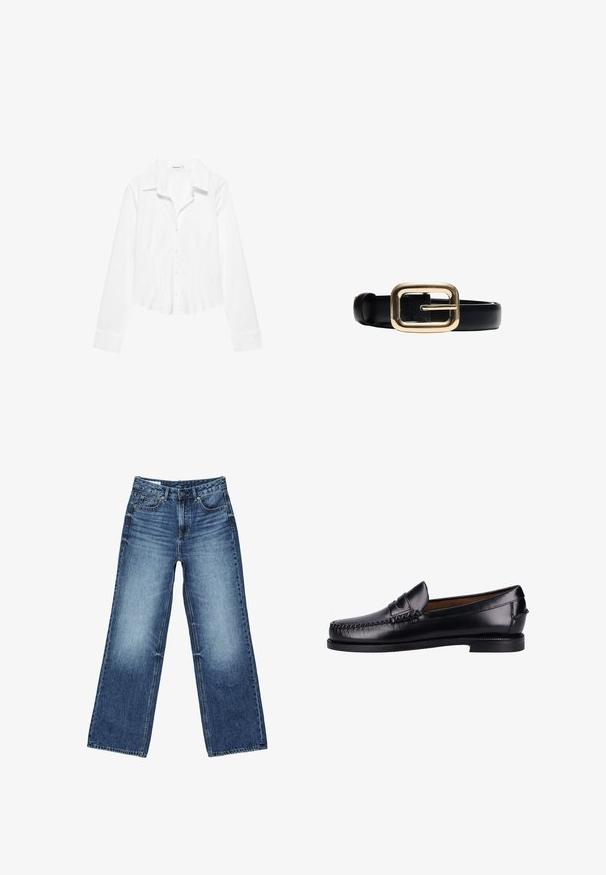 Chemise blanche à manches longues avec col, taille légèrement cintrée et poignets boutonnés, présentée sur fond blanc.; Jean en denim bleu avec un effet délavé sur les cuisses, coupe droite à jambes larges, fermeture avant avec bouton, fermeture éclair, et style cinq poches.; Mocassins en cuir noir avec une finition lisse, un bout rond, des coutures décoratives et un talon bas. Le design est minimaliste, sans éléments de quincaillerie visibles.; Ceinture en cuir noir avec une grande boucle carrée en métal doré sur fond blanc.