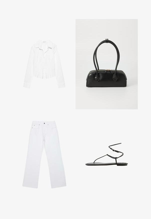 Chemise blanche à manches longues avec col, taille légèrement cintrée et poignets boutonnés, présentée sur fond blanc.; Jean droit blanc avec cinq poches, passants de ceinture et fermeture avant par bouton et zip, posé à plat sur un fond blanc.; Sandale plate noire avec fines brides et fermeture à boucle autour de la cheville, design minimaliste, vue de côté sur fond blanc.; Sac à main en cuir noir avec deux anses allongées, fermeture éclair et forme arrondie ; texture lisse avec une finition légèrement brillante.