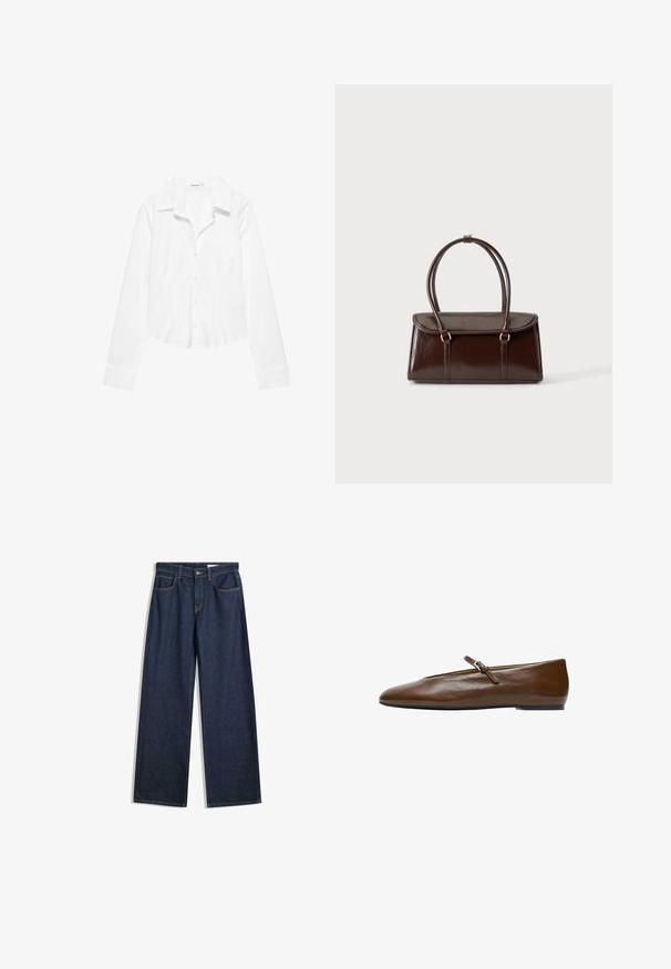Hvid skjorte med lange ærmer, krave, let figursyet talje og manchetter med knapper, vist på en hvid baggrund.; Bredde ben mørke denimjeans med fem lommer, synlig syning og knaplukning. Har en lige pasform og let slid.; Brun læder flad sko med en tynd justerbar rem og spænde over foden set fra siden på en hvid baggrund.; Mørkebrunt blankt læderhåndtaske med en struktureret rektangulær krop og to lange, afrundede håndtag mod en ensfarvet lys baggrund.