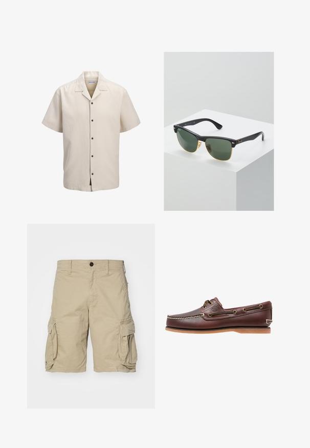 Chemise beige à manches courtes avec col camp, cinq boutons foncés et coupe décontractée.; Shorts cargo beiges en tissu de coton, avec des poches latérales, une fermeture à bouton et une coupe droite. Textures lisses.; Chaussure bateau en cuir marron avec coutures blanches, détails de lacets et semelle en caoutchouc beige, vue de côté sur fond blanc.; Lunettes de soleil Ray-Ban avec des verres verts, monture en plastique noir et accents dorés sur les bords. Forme carrée avec une finition mate.