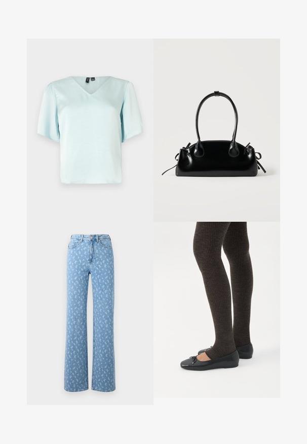 Lyseblå V-hals bluse med korte puffærmer, lavet af glat stof. Den har en afslappet pasform og ingen synlige mønstre eller dekorationer.; Lysblå vidde jeans i denim med et blomster mønster i en lysere skygge. Høj talje design med standard lomme konstruktion.; Ben iført mørke ribbede leggings kombineret med sorte balletsko med små sløjfedetaljer på hvid baggrund.; Lille sort blank håndtaske med to lange håndtag og snøre-detaljer i siden på en ensfarvet lys baggrund.