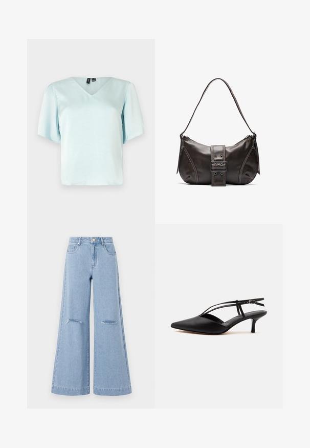 Blouse bleu clair à col en V avec des manches bouffantes courtes, fabriquée en tissu lisse, présentant une coupe décontractée et sans motifs ni ornements visibles.; Jeans taille haute bleu clair à jambes larges, dotés de deux poches avant et de deux détails de genoux déchirés, fabriqués en matériau denim.; Escarpin noir en cuir à bout pointu avec petit talon kitten, fine bride de cheville avec boucle, design slingback, sur un fond uni clair.; Sac à épaule en cuir marron avec une forme courbée, présentant un détail de boucle proéminent, des coutures contrastantes et une seule bandoulière.