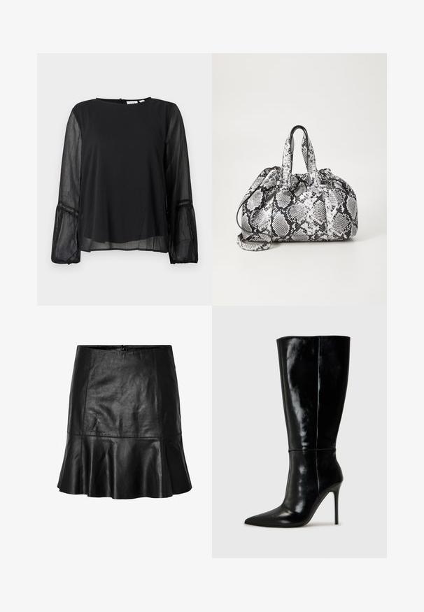 Blusa negra con cuello redondo y mangas largas semitransparentes. Presenta una tela texturizada y detalles de encaje en los puños.; Minifalda de cuero negro con dobladillo acampanado y detalles de costura visibles, con cierre de cremallera en la parte trasera.; Botas de cuero negro hasta la rodilla con punta afilada y tacón alto de aguja. Textura suave y diseño elegante, con detalles mínimos.; Bolso de mano con patrón de piel de serpiente en blanco y negro, con dos asas, un cierre de cordón y una correa para el hombro desmontable. Textura suave.