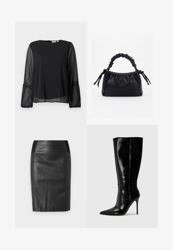 Blouse noire avec un col rond et des manches longues semi-transparentes. Caractérisée par un tissu texturé et des accents de dentelle aux poignets.; Jupe crayon en cuir noir avec une coupe ajustée, texture lisse et accents de ceinture élastique de chaque côté. Ourlet plat en bas.; Bottes noires en cuir, hautes jusqu'au genou, avec un bout pointu et un talon aiguille haut. Texture lisse et design épuré, avec un minimum de détails.; Sac à main noir avec texture crocodile, bord supérieur froncé, poignée plissée et pompons à cordon de chaque côté sur fond blanc.