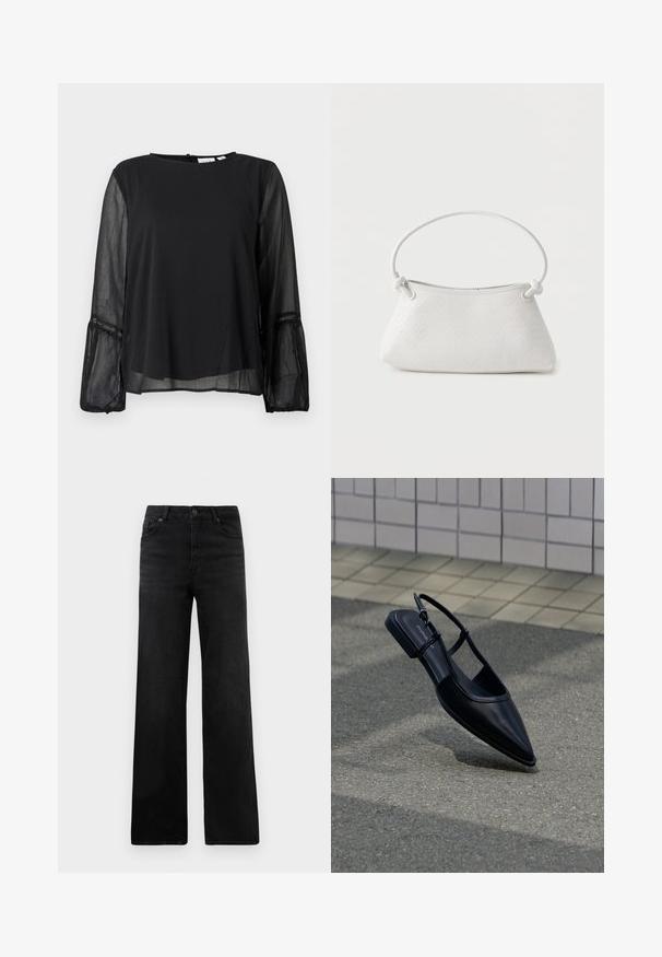 Zwarte blouse met een ronde hals en lange semi-transparante mouwen. Heeft een gestructureerde stof en kanten accenten op de manchetten.; Zwarte denim broek met wijde pijpen en een klassiek vijf-pocket ontwerp, met een knoopsluiting en subtiele textuur. Strakke lijnen en minimale versieringen.; Zwarte platte schoen met puntige neus en slingback, zwevend boven een asfaltoppervlak naast een betegeld trottoir.; Witte handtas van gevlochten leer met een afgeronde handgreep en uiteinden van de band die geknoopt zijn, afgebeeld tegen een effen achtergrond.