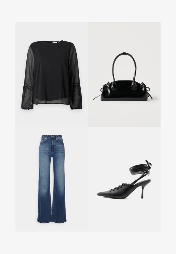 Sort bluse med rund halsudskæring og lange, halv-gennemsigtige ærmer. Har en tekstureret stof og blonder detaljer på manchetterne.; Bredde ben jeans i mellemblå denim. Højtaljede med en glat overflade, falmede foran og subtile syninger. Lukket i taljen med en knap.; Sort spids sko med høje hæle, snørelukning foran og omlægning omkring anklerne bundet med sløjfe, vist fra siden på hvid baggrund.; Lille sort blank håndtaske med to lange håndtag og snøre-detaljer i siden på en ensfarvet lys baggrund.