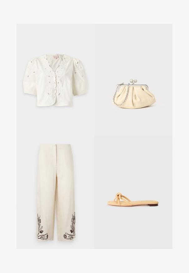 Witte blouse met korte mouwen met geschulpte randen, bloemige eyelet-borduurwerk, knoopsluiting aan de voorkant en pofmouwen.; Roomkleurige broek met wijde pijpen met zwarte geborduurde zeewier- en schelpenmotieven vlak bij de zoom aan beide pijpen.; Geel geweven platte sandaal met twee kruislings geplaatste banden, een geknoopte detail aan de voorkant en een lage, bruine zool.; Geplooide beige leren clutch met een zilveren metalen frame, voorzien van twee ronde decoratieve sluitingen en een zilveren kettingriem.
