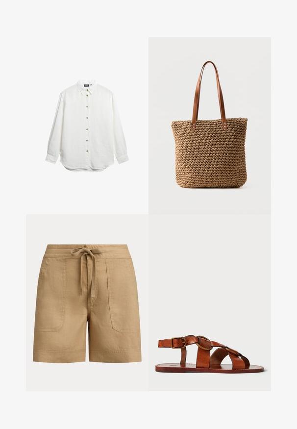 Camisa blanca de manga larga hecha de tela texturizada, con un collar clásico, siete botones marrones en la parte delantera y un dobladillo curvado.; Pantalones cortos beige informales con cintura con cordón y bolsillos delanteros tipo parche, fabricados con tejido ligero.; Sandalia de cuero marrón con un diseño de tiras horizontales y circulares, suela plana y un acento de hebilla metálica, que muestra una textura lisa.; Bolso tote tejido de paja con dos largas correas de hombro de cuero marrón claro y un patrón texturizado sobre un fondo liso.