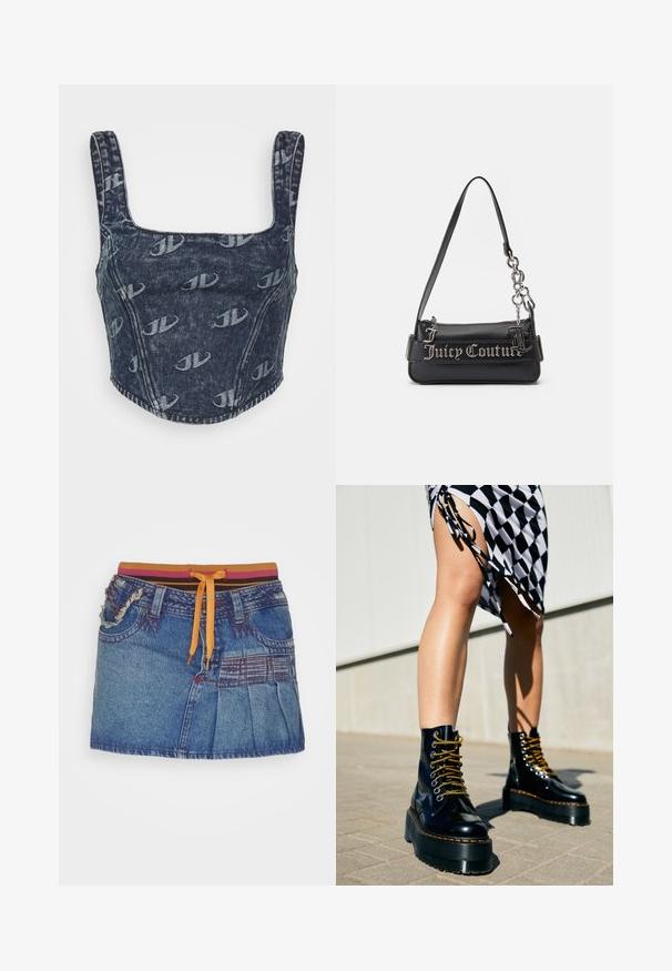 Jaded London MONOGRAM EMBOSSED CORSET - Top - blue; Jaded London PLEAT SIDE SKIRT WITH WAISTBAND - A-snit nederdel - denim in 00s wash; Sorte læder platform støvler med chunky såler, guld snørebånd og orange syninger, kombineret med en ternet nederdel med en sideslids.; Sort håndtaske lavet af tekstureret syntetisk materiale. Har en kædestrop og sølv "Juicy Couture" logoet fremtrædende vist på forsiden.
