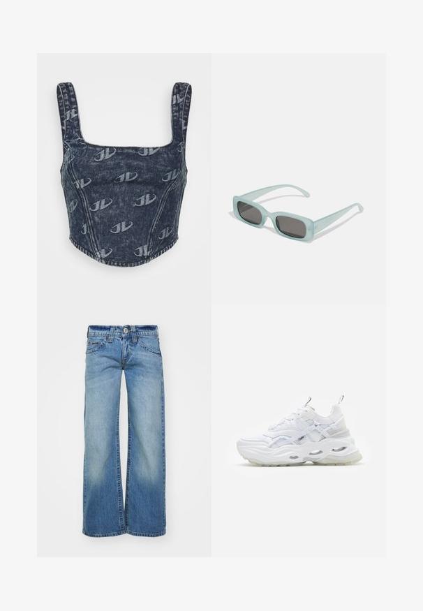 Jaded London MONOGRAM EMBOSSED CORSET - Top - blue; Jeans de pierna ancha color azul claro en tela de mezclilla, con un lavado desgastado, cinco bolsillos y un cierre de botón con pasadores para cinturón.; Zapatilla blanca con suela gruesa, parte superior de malla y sintético en capas, con acentos estampados, sistema de cordones y tira de agarre.; Un par de gafas de sol rectangulares con montura translucida azul clara y lentes gris oscuro, que cuentan con patillas rectas y detalles de hardware mínimos.