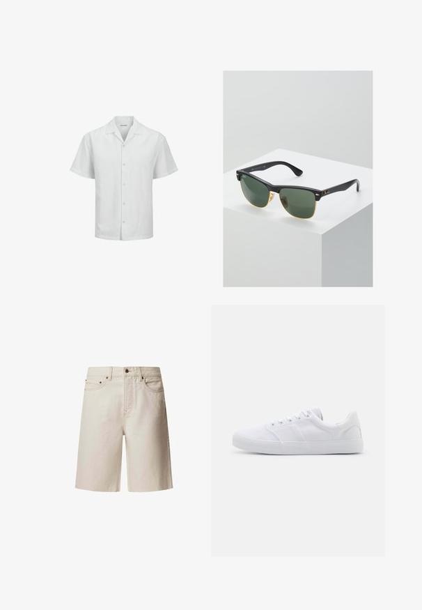 Hvid kortærmet skjorte lavet af letvægts linnedstof. Har en krave, knaplukning og en afslappet pasform.; Beige denim shorts med lige snit, fem lommer, topknap og bæltesløjfer. Glat tekstur med subtile sømdetaljer.; Hvide lærreds sneakers med gummisål, der har seks snørehuller, en struktureret tåkap og et minimalistisk design.; Ray-Ban solbriller med grønne linser, sorte plastikstel og gyldne detaljer ved kanterne. Firkantet form med mat finish.