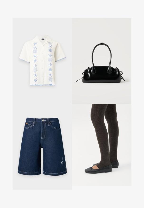 Chemise blanche à manches courtes avec boutons, broderies bleues d'étoiles de mer et de coquillages, et bordures cousues aux manches et à l'ourlet.; Short en jean denim bleu foncé avec poches avant, passants pour ceinture, coutures blanches, fermeture par bouton, et petite broderie blanche en forme d'étoile et de constellation sur la jambe.; Jambes portant des leggings côtelés foncés associés à des ballerines noires avec de petits détails en nœud sur fond blanc.; Petit sac à main noir brillant avec deux longues anses et des détails à cordon sur les côtés sur un fond clair uni.