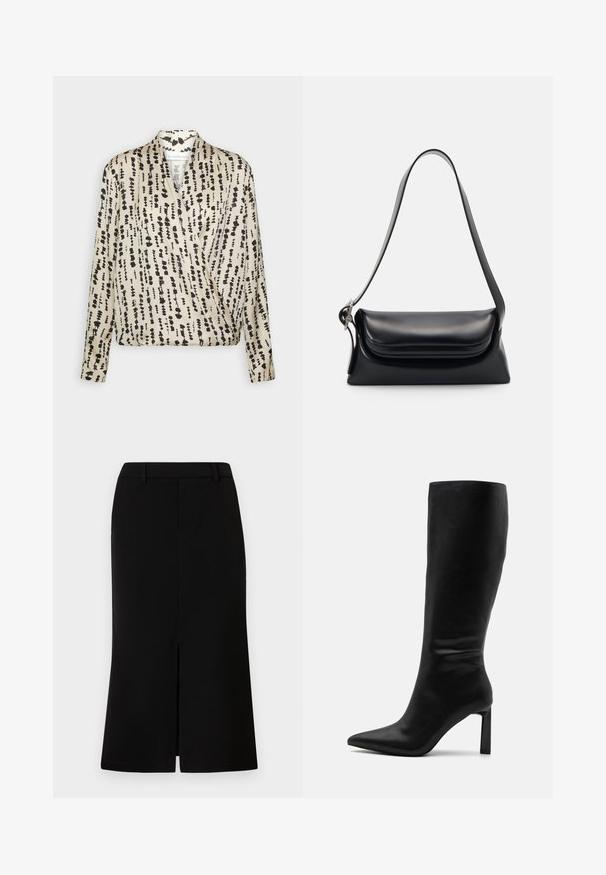 La Strada Unica RUNNING WRAP - Blusa - pumice stone; Falda negra hasta la rodilla con una silueta recta, que presenta una abertura frontal, una textura suave y una cintura entallada.; Even&Odd by Zalando Botas - black; Bolso de piel negra con una forma estructurada, una textura suave y una sola correa para el hombro. Presenta un diseño de tapa sutil y redondeado.
