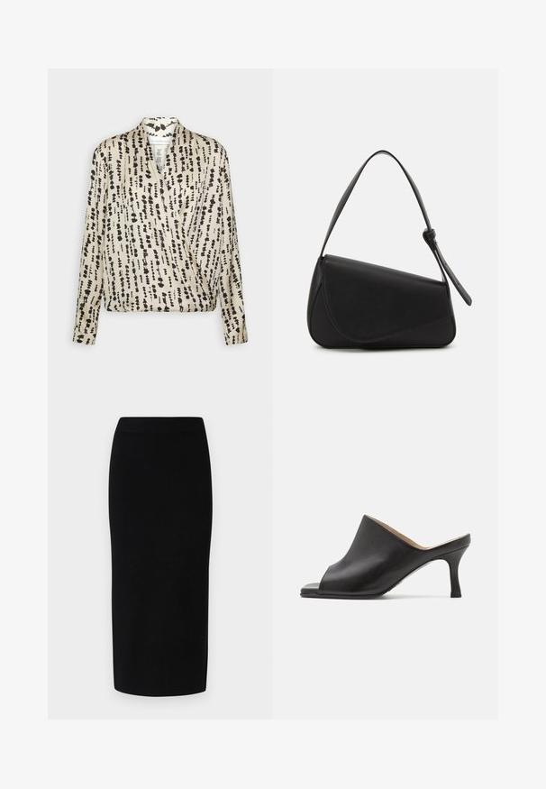 La Strada Unica RUNNING WRAP - Blouse - pumice stone; Jupe midi en tricot noir avec une silhouette ajustée, dotée d'une large taille élastique et d'une texture lisse, sans motifs ou accents discernables.; Selected ASHLEY - Mules à talons - black; Sac à main en cuir noir de forme triangulaire, avec un rabat incliné et une poignée supérieure arrondie. Il présente une texture lisse et des détails de design minimalistes.