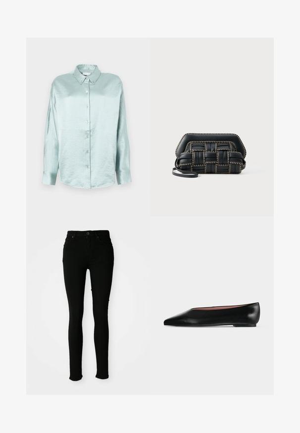Lichtblauwe overhemdd die gemaakt is van een glanzende, zachte stof; heeft een kraag, lange mouwen en een afgeronde zoom met een ontspannen pasvorm.; Zwarte skinny jeans van denim met een gladde textuur, voorzien van een knoopsluiting, riemlussen en zonder zichtbare beschadigingen.; Zwarte leren damesschoen met platte zool, puntige neus en lage hak, zijwaarts afgebeeld tegen een effen lichtgrijze achtergrond.; Zwarte geweven leren clutchtas met een gestructureerde vorm, voorzien van gouden stiksels langs de randen en een afneembare schouderband.