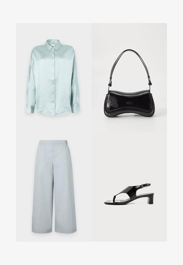 Svetlomodrá košeľa na gombíky vyrobená z lesklého, mäkkého materiálu; má golier, dlhé rukávy a zakrivený lem s uvoľneným strihom.; MM by MaxMara ANTILLE - Nohavice - light blue; Čierne sandále z lakovanej kože s otvorenou špičkou, nízkym blokovým podpätkom a nastaviteľným členkovým remienkom so zlatou prackou.; Čierna lakovaná kabelka s zakriveným tvarom, jedným uchom a zaobleným dnom. Na prednej strane sa nachádza decentný detail loga.