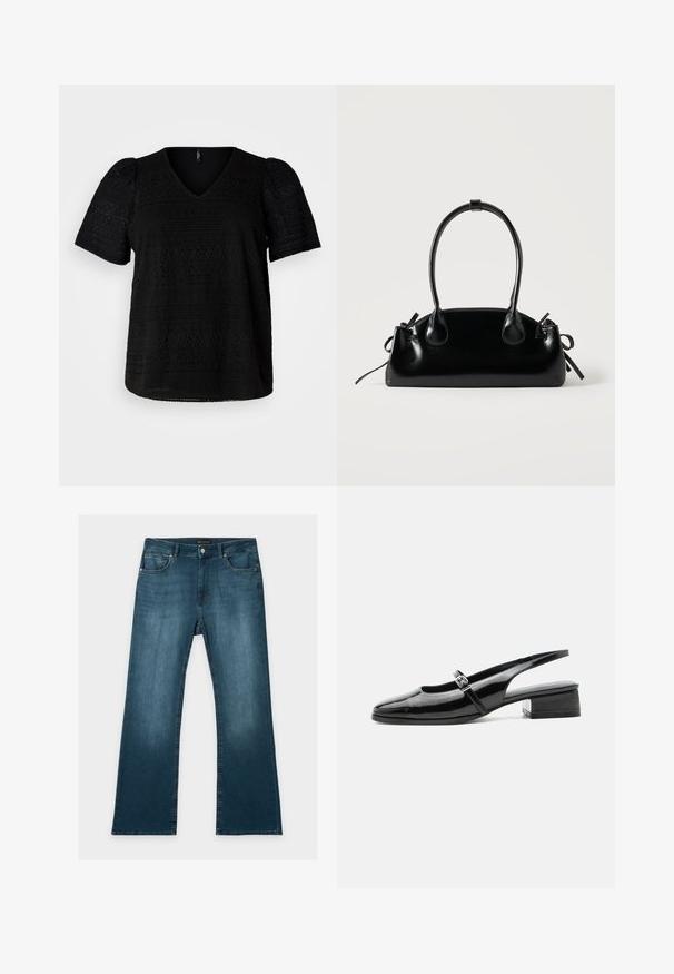 Schwarzes Kurzarmoberteil mit V-Ausschnitt, versehen mit strukturierten Mustern und einem leicht lockeren Schnitt, hergestellt aus leichtem Stoff.; Blaue Jeans mit geradem Bein, vorderen und hinteren Taschen, Knopf- und Reißverschluss und dezenten verblassten Details an Oberschenkeln und Knien.; Schwarzer Slingback-Schuh aus Lackleder mit niedrigem Blockabsatz und dünnem Riemen mit silberner Schnalle oben.; Kleine schwarze glänzende Handtasche mit zwei langen Griffen und seitlichen Kordelzug-Details vor einfachem hellem Hintergrund.