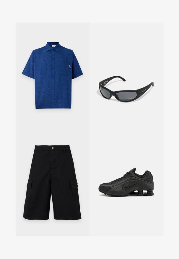 Chemise bleu à manches courtes en tissu texturé avec un motif subtil, un devant à boutonnière et une poche poitrine unique.; Shorts cargo noirs en tissu durable. Comprend deux poches latérales, une fermeture éclair et une taille simple avec un bouton en métal.; Baskets de course noires avec une tige en synthétique lisse, des accents perforés, des panneaux latéraux texturés et une semelle distincte et rebondissante.; Lunettes de soleil noires avec une monture incurvée et des verres teintés. Présente un fini mat et le nom de la marque "ARNETTE" sur le côté.