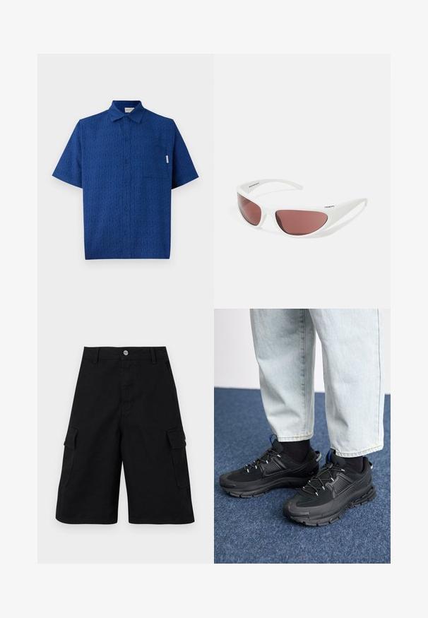 Kortærmet blå skjorte lavet af tekstureret stof med et subtilt mønster, en knaplukning foran og en enkelt brystlomme.; Svarte cargo shorts lavet af slidstærkt stof. Indeholder to sidelommer, en lynlåsgylp og en simpel talje med en metalknap.; Sorte træningssko med tekstureret stof og gummisåler, udstyret med elastiske snørebånd og en blå detalje på hælen. Bæres med lyse denimbukser.; Arnette NINETEETWO - Solbriller - white