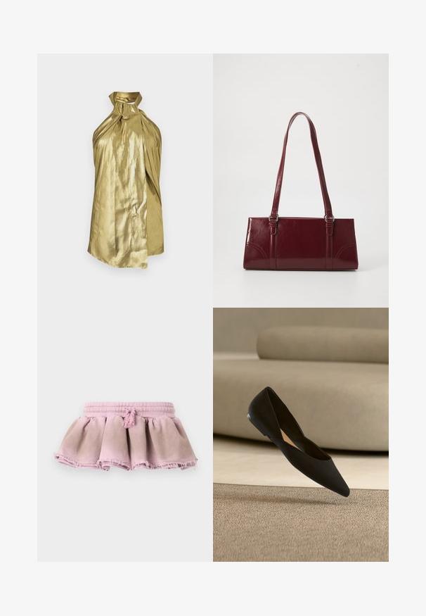 Guld satin haltertop med høj hals, draperet stof og glat tekstur, med bindebånd ved halsen og flydende silhuet.; Rosa bomuldsnederdel med en samlet design, der har en frynset kant og elastisk talje med en dekorativ kvast.; Sort flad sko med spids tå, hængende over et beige tekstureret tæppe med en neutralt farvet sofa i baggrunden.; Bordeaux håndtaske lavet af glansfuldt materiale, rektangulær form, med to skulderremme og subtile buede detaljer på forsiden.