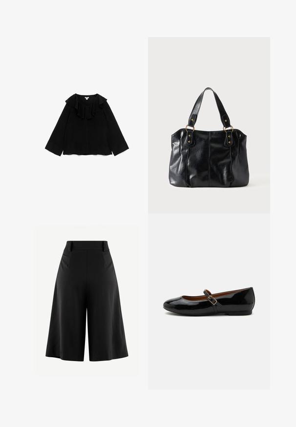 Schwarze Bluse mit langen Ärmeln, weiten Manschetten und einem gerafften V-Ausschnitt, flach auf einem weißen Hintergrund ausgelegt.; Schwarzweite Beinhosen mit gefaltetem Vorderteil, hoher Taille und glattem Stofftextur. Verfügt über ein sauberes, minimales Design ohne sichtbare Beschläge.; Schwarzer Mary Jane Ballerina aus Lackleder mit rund zulaufender Spitze und verstellbarem seitlichem Schnallenriemen, auf weißem Hintergrund präsentiert.; Schwarze Leder-Schultertasche mit doppelten Trägern, befestigt durch goldene Ringe und Nieten, glatte und leicht glänzende Oberfläche, schlichtes Design.