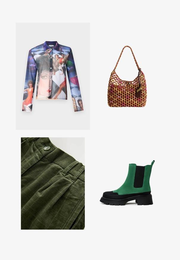 Transparente Button-up-Bluse mit einem bunten fotografischen Druck von Personen in dynamischen Posen, mit klassischem Kragen und langen Ärmeln.; Olivgrüne Cordhosen mit einem strukturierten karierten Muster, über einen Knopfverschluss und Falten. Zu den Akzenten gehören ein gestepptes Taillenband und Seitentaschen.; Grüne Wildleder-Ankle-Boots mit schwarzen elastischen Seiteneinsätzen und dicker, profiliertem Sohle. Verfügt über eine Schlaufe hinten für einfaches Anziehen.; Braune, pinke und beige Perlenhandtasche mit gewebtem Muster, einem einzelnen Perlenriemen und einem angebrachten Lederetikett mit goldenem Anhänger.