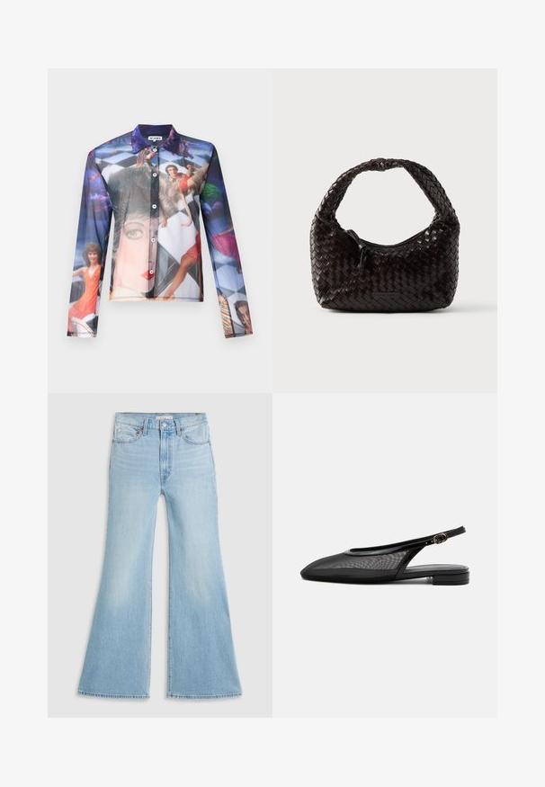 Transparante blouse met een kleurrijke fotoprint van mensen in dynamische poses, met een klassieke kraag en lange mouwen.; Lichtblauwe flared jeans met een hoge taille, gemaakt van denim. Kenmerkt zich door een klassiek vijf-pocket ontwerp en een raw hem aan de mouwen.; Zwarte slingback platte schoen met puntige neus, mesh bovenwerk, verstelbare gespsluiting en lage gestapelde hak op witte achtergrond.; Geweven leren handtas in donkerbruin, afgeronde vorm met een dikke gevlochten handgreep. Voorzien van een ritssluiting en subtiele branding aan de zijkant.