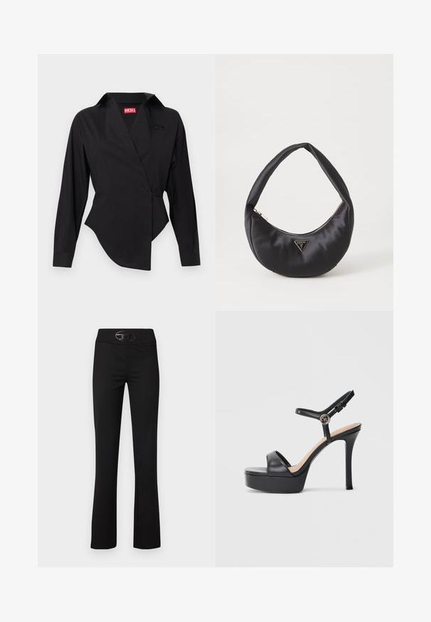 Chemise portefeuille noire en tissu lisse, avec un col pointu, des manches longues et un ourlet asymétrique. Logo Diesel bien visible.; Pantalons évasés noirs en tissu lisse et extensible. Dotés d'une large ceinture et d'un accent logo noir brillant à l'avant.; Sandales à plateforme noires avec un talon haut stilettos, dotées d'une tige en cuir lisse, d'un bout ouvert et d'une bride de cheville ajustable avec ferrures.; Sac à main en satin noir avec une forme courbée, doté d'une fermeture à glissière et d'un logo triangulaire en métal à l'avant. Texture lisse et design épuré.