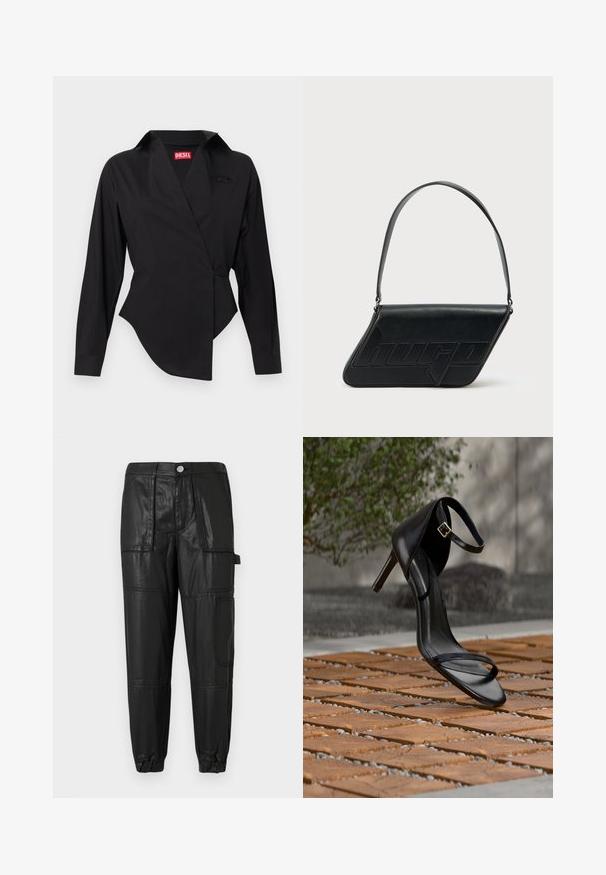 Sort slå-om-skjorte i et glat stof med spids krave, lange ærmer og en asymmetrisk kant. Diesel-logoet er tydeligt vist.; Sorte læderbukser med elastisk talje, snævre manchetter og flere lommer. Stoffet har en let blank finish.; Sort højhælet sandal med ankelsnor, der ser ud til at svæve over et trægulv udendørs med sløret grønt og sten i baggrunden.; Sort skuldertaske i læder med trekantet form, præget logo og en enkelt justerbar rem. Minimalistisk design med glat tekstur.