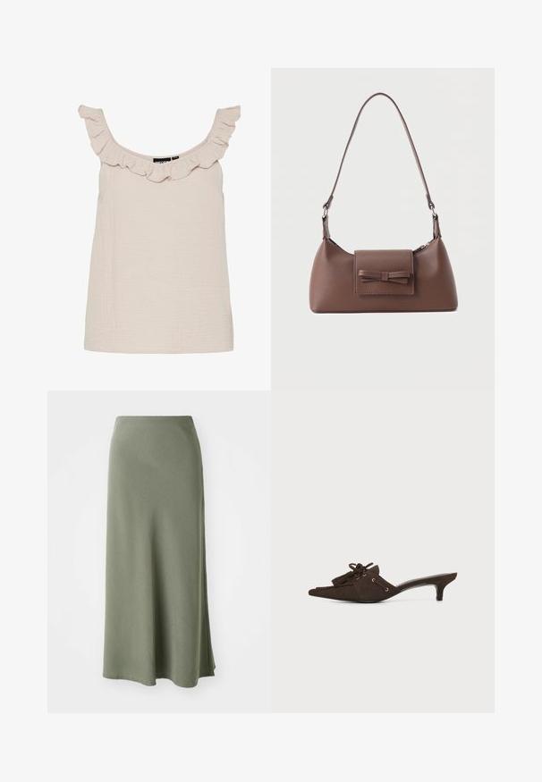 Top de tirantes beige claro con escote volante. Confeccionado en una tela texturizada, presenta un corte holgado y tirantes anchos.; Falda verde oliva, hasta la rodilla, hecha de una tela suave con una textura lisa y un corte acampanado, que presenta una abertura lateral para mayor comodidad al moverse.; Zueco puntiagudo de ante marrón oscuro con tacón bajo de tipo kitten, borlas decorativas y detalle de encaje sobre fondo blanco.; Bolso bandolera de cuero marrón con un bolsillo frontal de solapa que presenta un detalle de moño cosido y una correa ajustable.