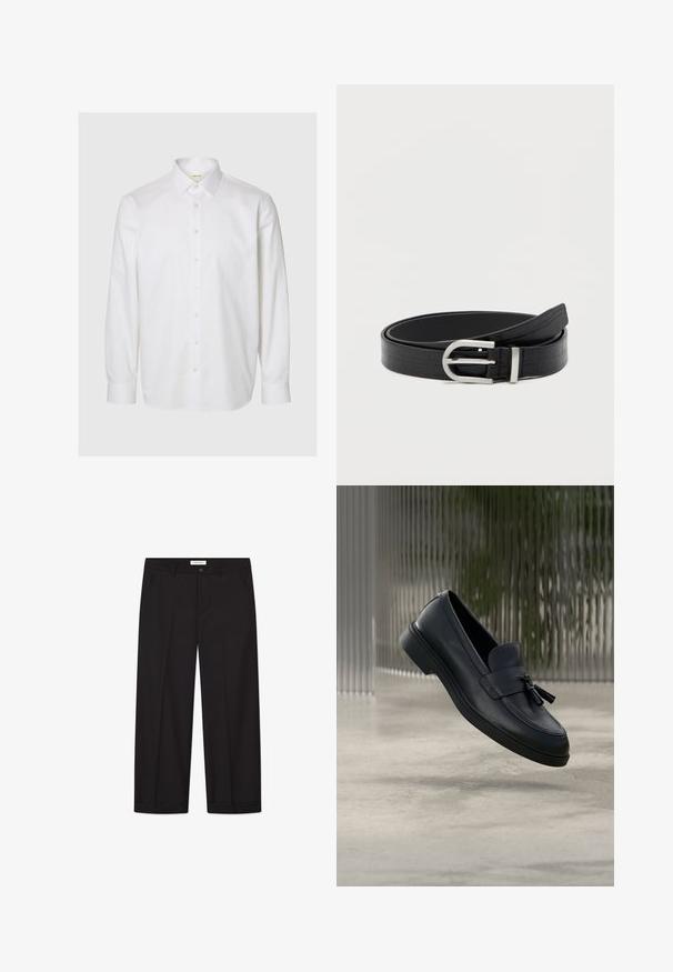 Chemise blanche à manches longues en coton, dotée d'un col classique, d'une patte de boutonnage à l'avant et de poignets boutonnés. Texture lisse sans motifs visibles.; Pantalons larges noirs en tissu lisse. Comprend une fermeture avec bouton et zip, deux poches avant et une finition ourlée nette.; Mocassins en cuir noir avec une texture lisse, un bout arrondi et des pampilles décoratives à l'avant. Semelle en caoutchouc flexible avec un petit talon.; Ceinture en faux cuir noir avec texture crocodile et boucle ronde en argent, enroulée sur un fond blanc uni.