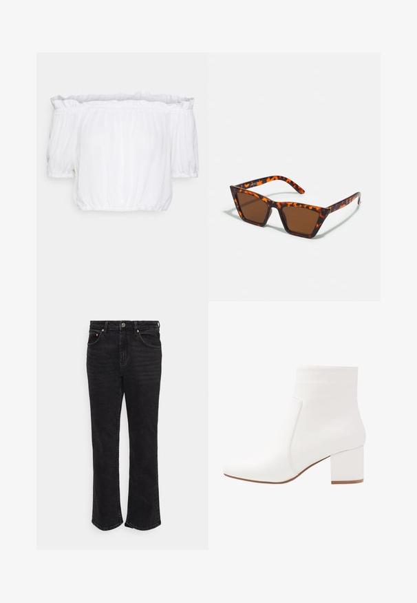 VILA VISUNNY SHOULDER - Top - snow white; Gina Tricot Petite STRAIGHT STRETCH - Džínsy s rovným strihom - black; Biele členkové topánky s hladkým povrchom, štvorcovou špičkou a stredne vysokým blokovým podpätkom. Švy zvýrazňujú minimalistický dizajn.; Hnedé slnečné okuliare s motívom korytnačiny, ostré rámy a štíhle nožičky. Ľahký plastový materiál.