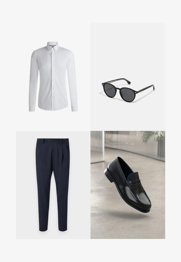 Witte dress shirt met lange mouwen, gemaakt van gladde stof, met een button-down kraag en een rij knoppen aan de voorkant. Eenvoudig ontwerp.; Marineblauwe broek van gladde stof, met plooien, een ritssluiting en knoopsluiting, zijzakken en een taps toelopend ontwerp.; Zwarte leren loafers met een gladde afwerking, een afgeronde neus, decoratieve stiksels en een licht verhoogde zool.; BOSS Zonnebril - black