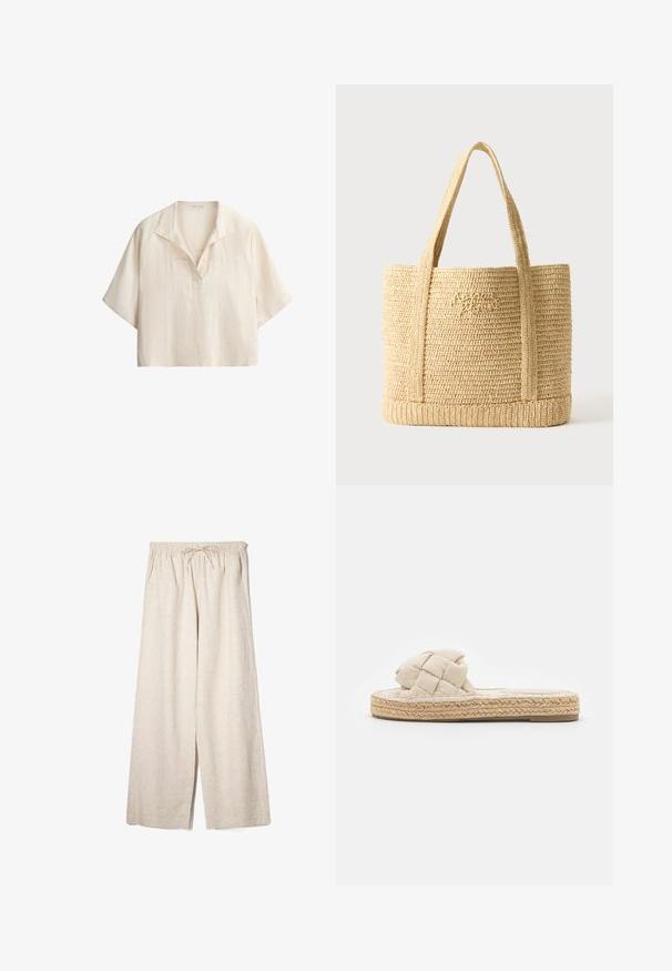 Chemise ample en lin couleur crème à manches courtes, col ouvert avec détail en V sur fond blanc.; Pantalon en lin beige à jambes larges avec taille élastique et cordon, doté de poches latérales et d'une coupe décontractée.; Sandale à glisser tissée beige avec un dessus en tissu texturé et une semelle en jute tressé. Présente un design noué sur le dessus pour un détail supplémentaire.; Sac cabas en paille tressée beige avec deux bretelles et une broderie cursive subtile sur le devant, sur un fond uni.