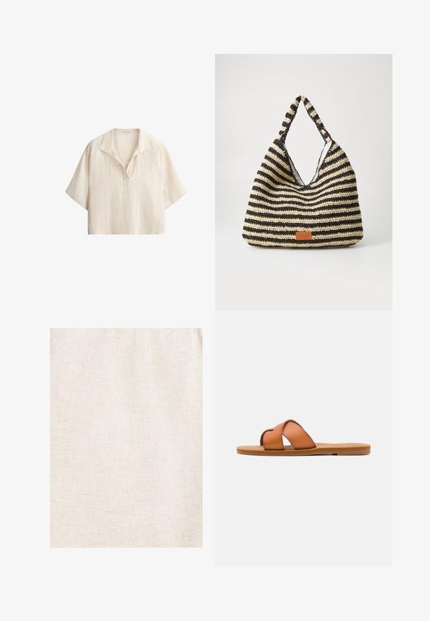 Chemise ample en lin couleur crème à manches courtes, col ouvert avec détail en V sur fond blanc.; Tissu en lin beige avec une texture tissée subtile et de légères rides naturelles.; Sandale diapositive en cuir marron avec des lanières croisées, semelle plate, texture lisse et caractéristiques de design minimaliste pour un usage décontracté.; Sac tissé rayé en noir et beige, avec un design décontracté, une surface texturée et une petite pièce en cuir en accent.