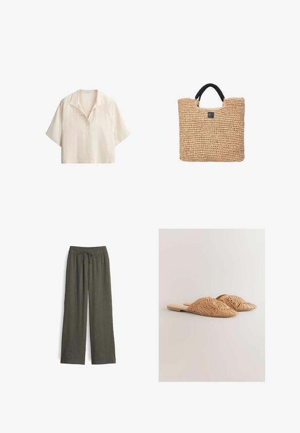 Chemise ample en lin couleur crème à manches courtes, col ouvert avec détail en V sur fond blanc.; Pantalons longs de couleur olive fabriqués en tissu léger, avec une taille à cordon de serrage, une texture plissée et des jambes larges.; Sandales à glissière en cuir tressé de couleur beige clair, avec un design supérieur tressé surdimensionné et une semelle plate. Le bout pointu ajoute une touche élégante.; Sundek Cabas - beige